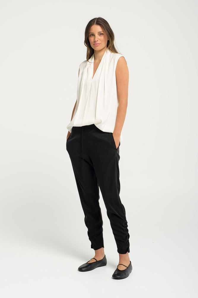 Luxe Stretch Cupro Slim Leg Gathered Ankle Pant Crozet Black