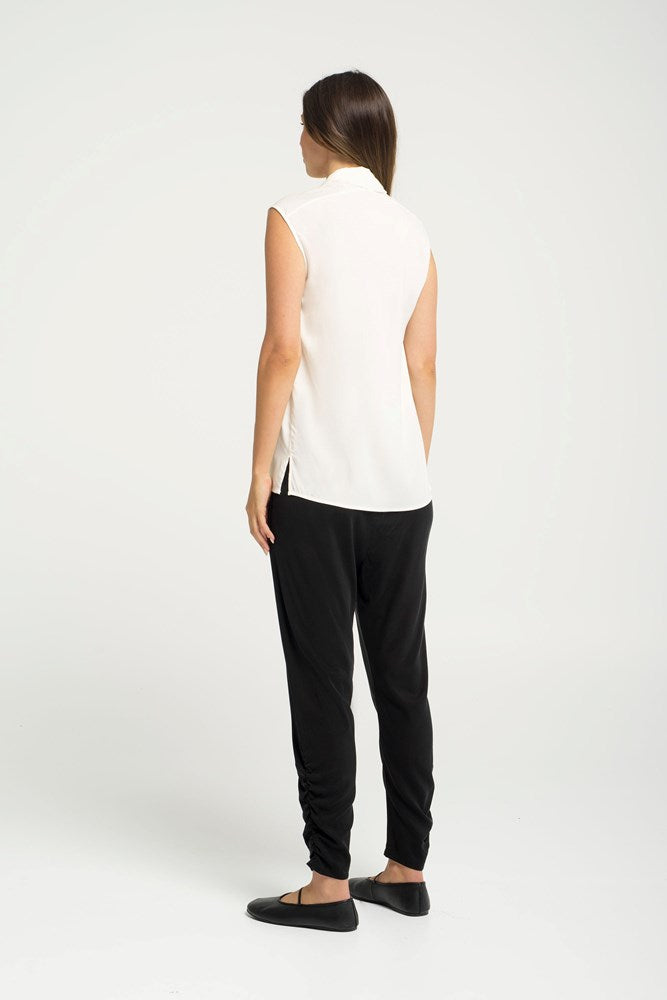 Luxe Stretch Cupro Slim Leg Gathered Ankle Pant Crozet Black