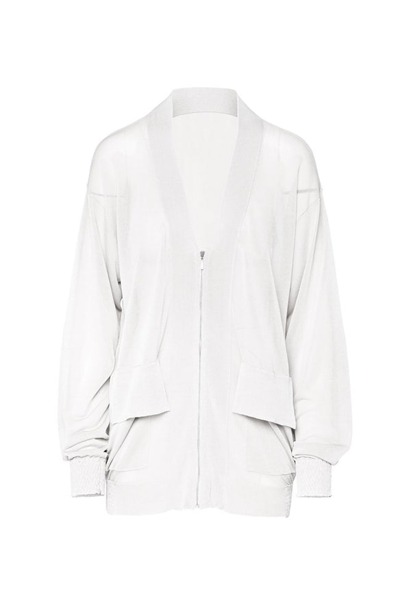 Light Crepe Knit Zip Front Pocket Detail Cardigan Reine White