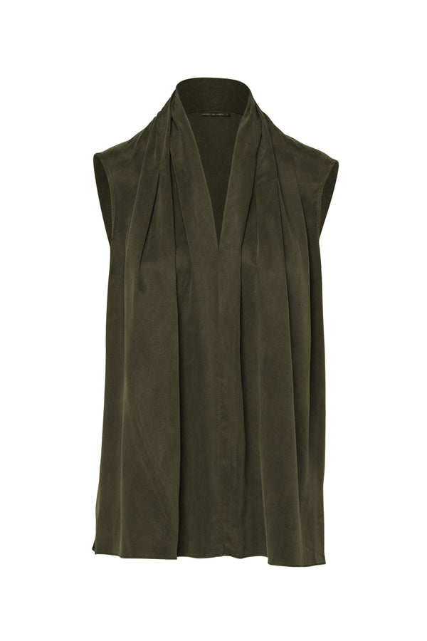 Luxe Stretch Cupro Draped Collar Top Molise Olive