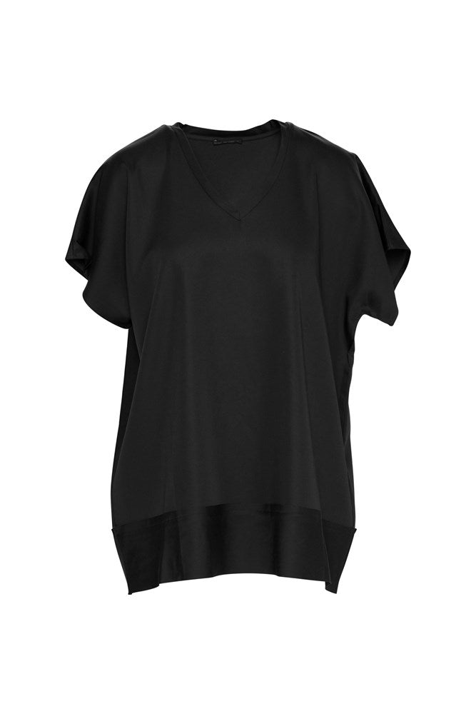 Luxe Cupro Stretch V.Neck Cap Sleeve Top Catania Black