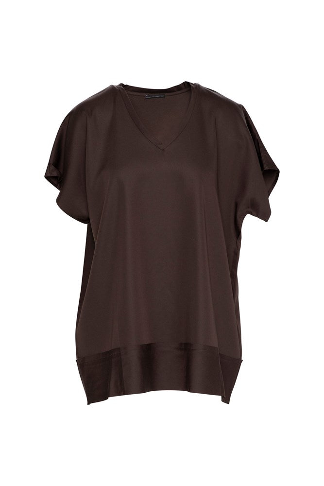 Luxe Cupro Stretch V.Neck Cap Sleeve Top Catania Espresso
