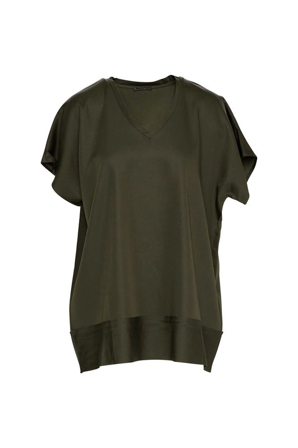 Luxe Cupro Stretch V.Neck Cap Sleeve Top Catania Olive