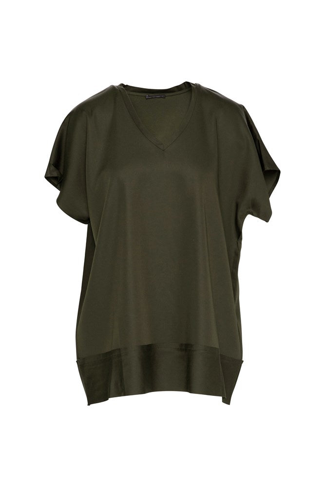 Luxe Cupro Stretch V.Neck Cap Sleeve Top Catania Olive