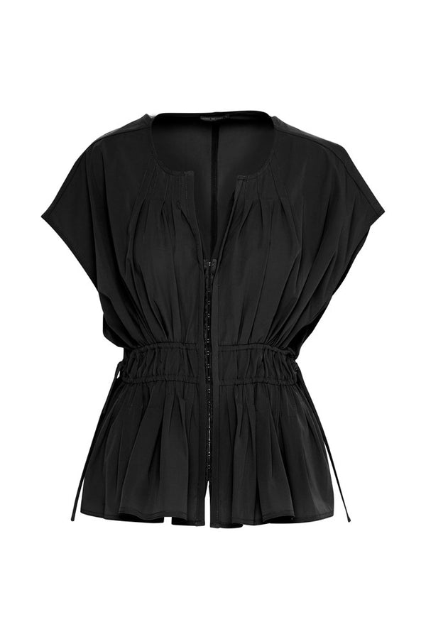 Stretch Cotton Pleated Detail Sleeveless Drawstring Waisted Top Ibiza Black