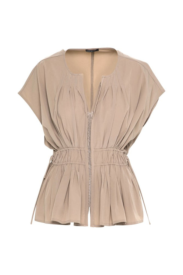 Stretch Cotton Pleated Detail Sleeveless Drawstring Waisted Top Ibiza Sand