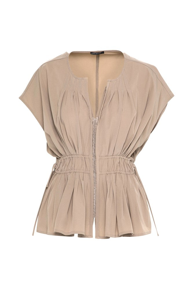 Stretch Cotton Pleated Detail Sleeveless Drawstring Waisted Top Ibiza Sand