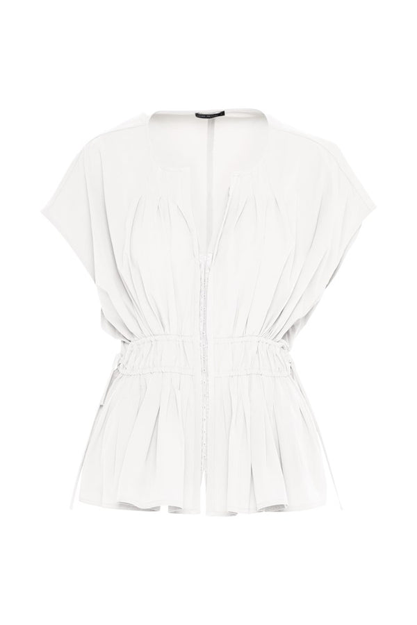 Stretch Cotton Pleated Detail Sleeveless Drawstring Waisted Top Ibiza White