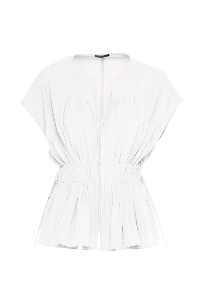 Stretch Cotton Pleated Detail Sleeveless Drawstring Waisted Top Ibiza White