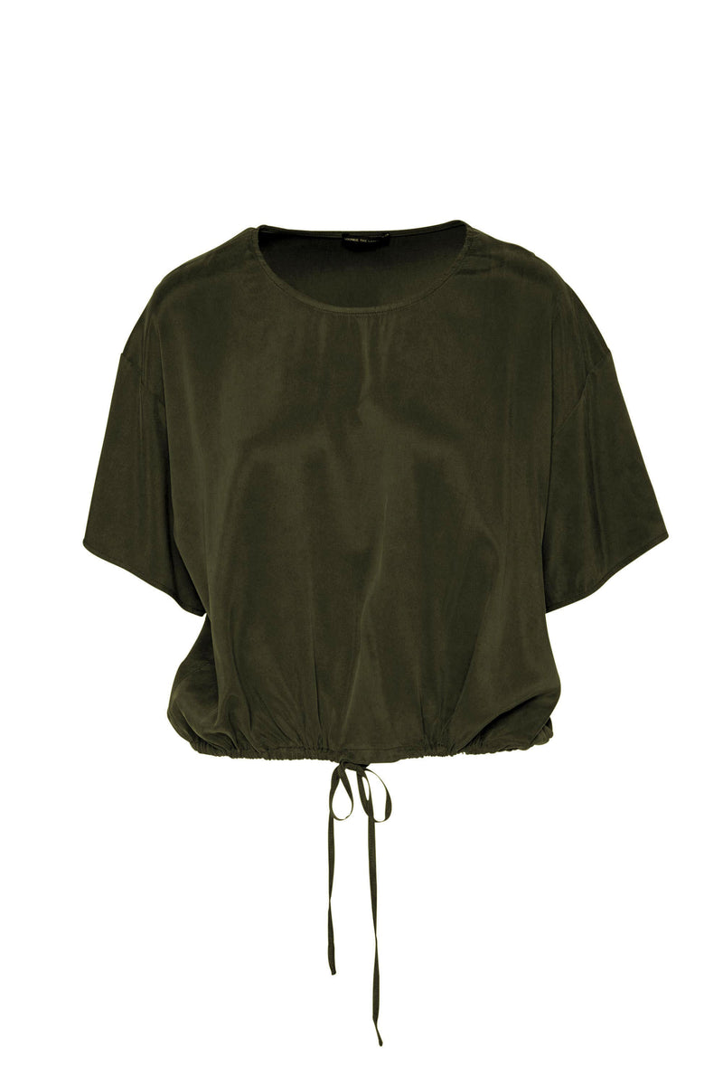 Luxe Stretch Cupro Relaxed Fit Drawtsring Hem Top Lisbon Olive