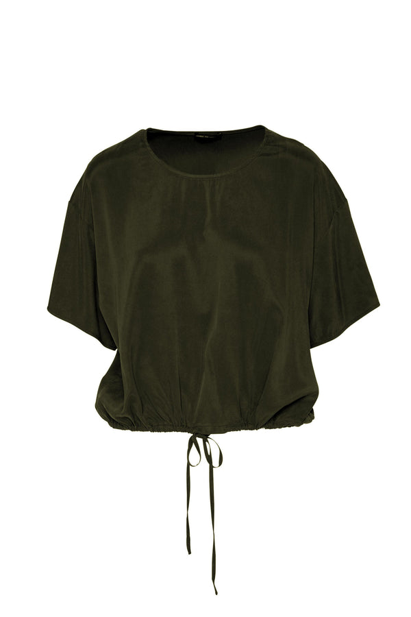 Luxe Stretch Cupro Relaxed Fit Drawtsring Hem Top Lisbon Olive