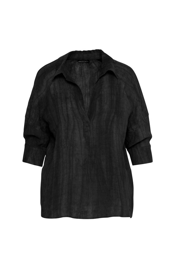 Linen Blend Collared Bubble Sleeve Top Vis Black