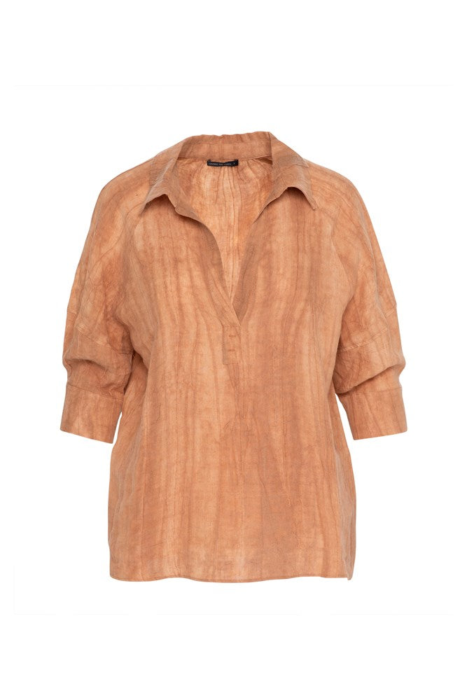 Linen Blend Collared Bubble Sleeve Top Vis Rust