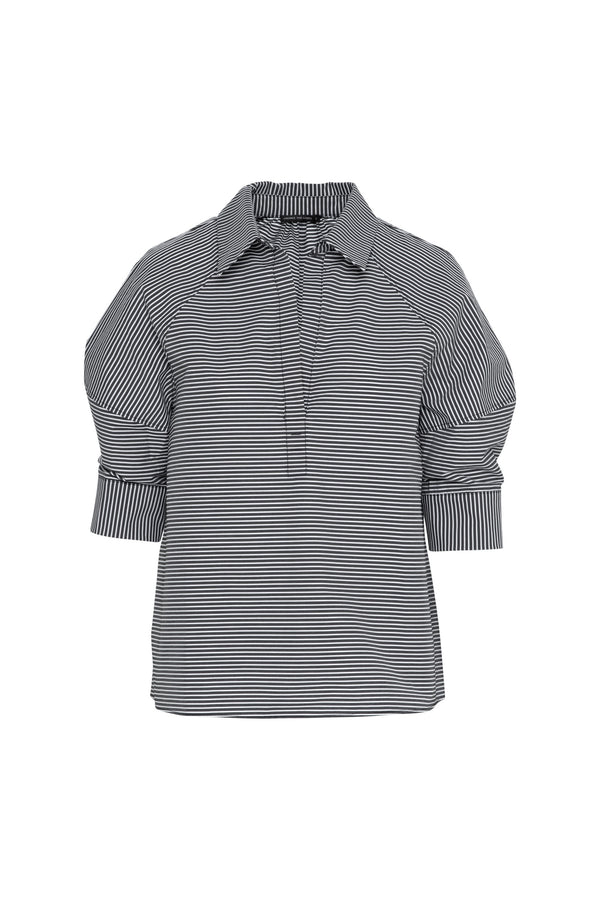 Cotton Stretch Collared Bubble Sleeve Top Vis Charcoal Stripe