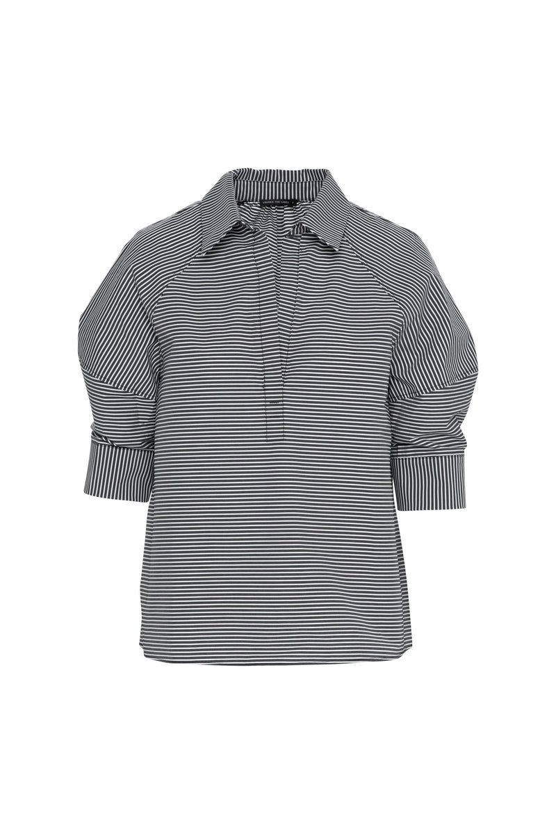 Cotton Stretch Collared Bubble Sleeve Top Vis Charcoal Stripe