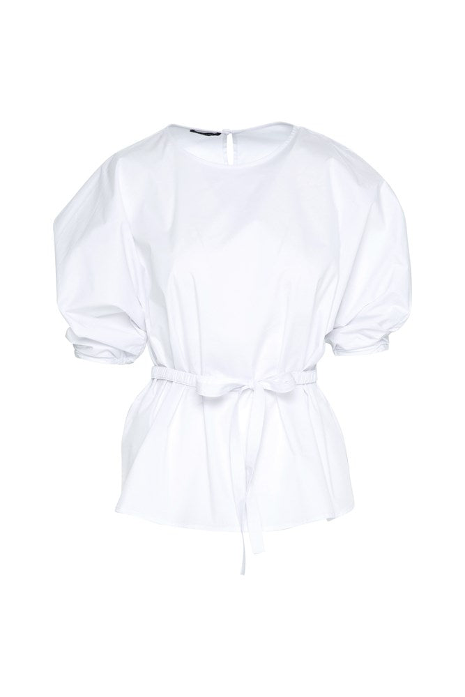Stretch Cotton Round Neck Gathered 3/4 Sleeve Belted Top Kos White