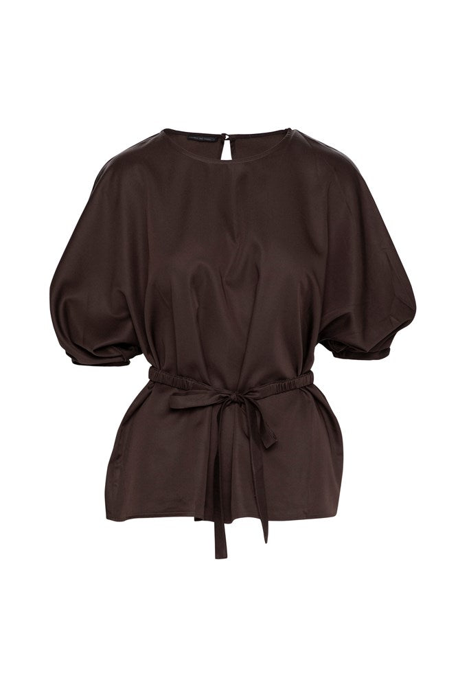 Stretch Cotton Round Neck Gathered 3/4 Sleeve Belted Top Kos Espresso