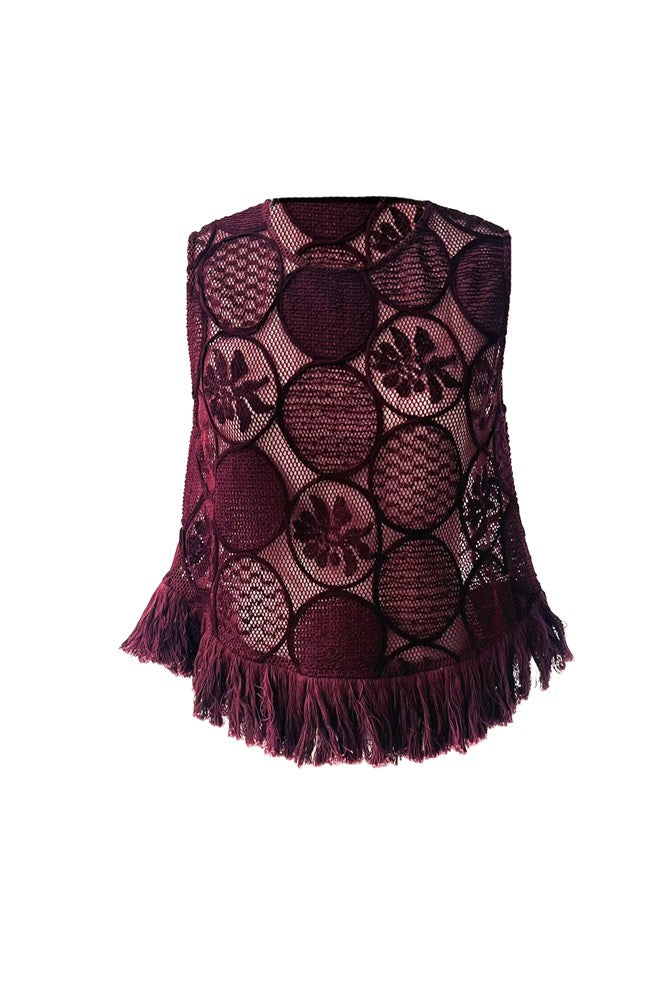 Cotton Blend Fringe Hem Sleeveless Resort Top Bahamas Merlot