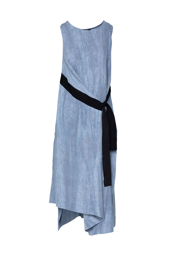 Linen U.Neck Tie Waist Midi Dress Liwa Blu