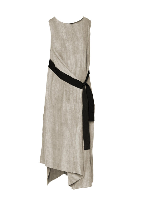 Linen U.Neck Tie Waist Midi Dress Liwa Natural