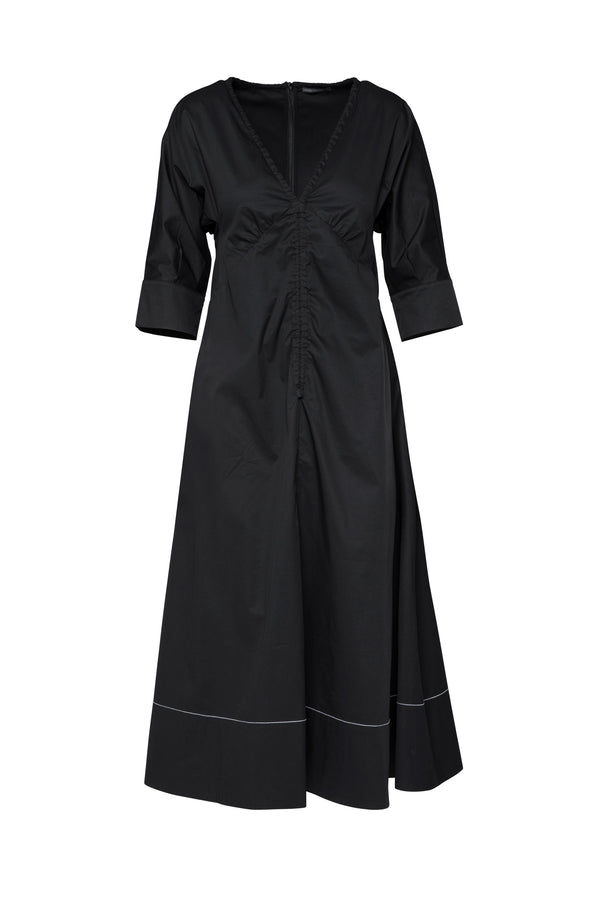 Stretch Cotton Gathered Front V.Neck Midi Dress Zell Black