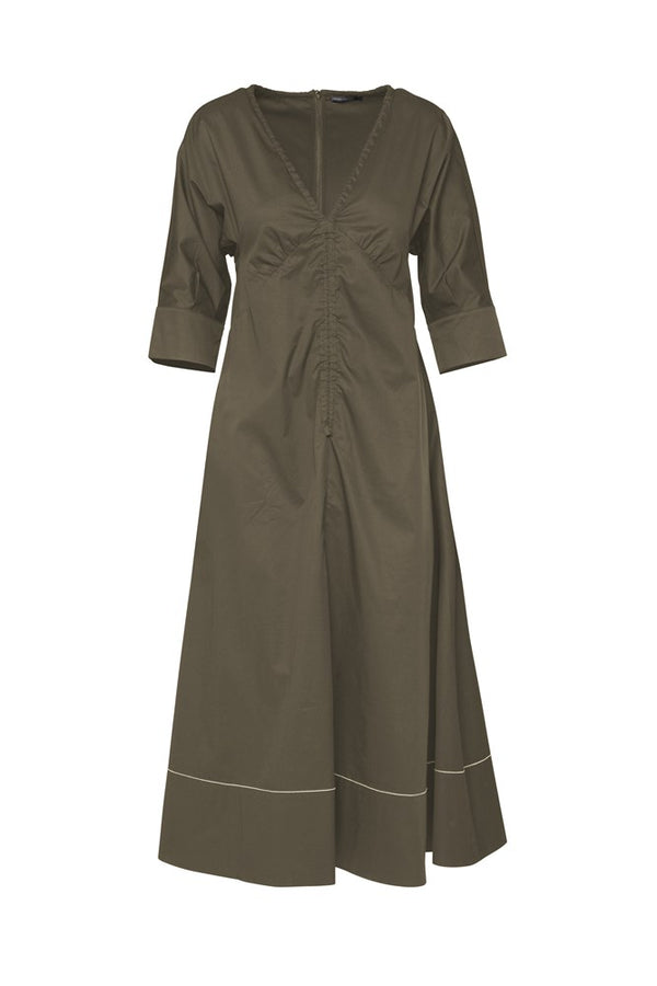 Crisp Cotton Stretch Gathered Front V.Neck Midi Dress Zell Moss