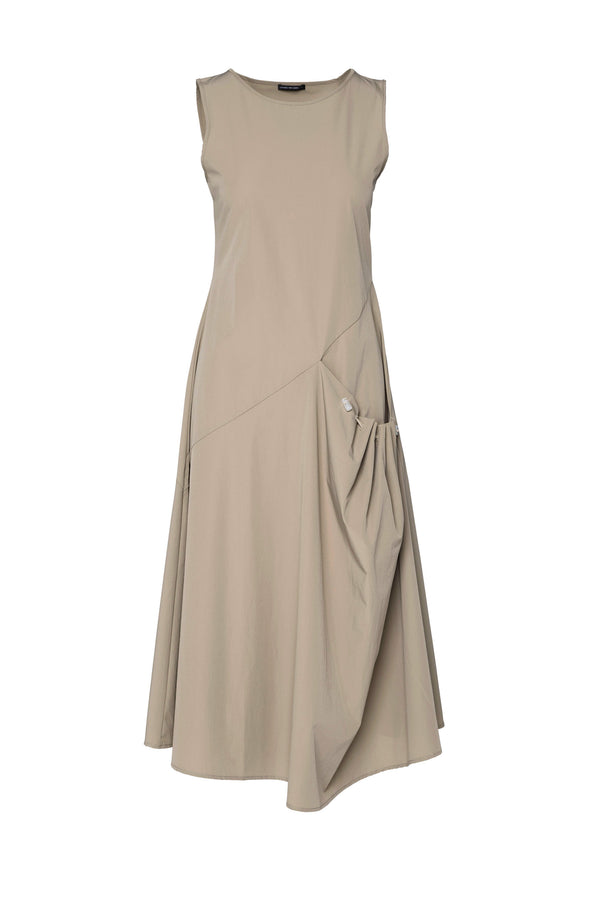 Tech Stretch A.Line Pocket Detail Sleeveless Midi Dress Ques Sand