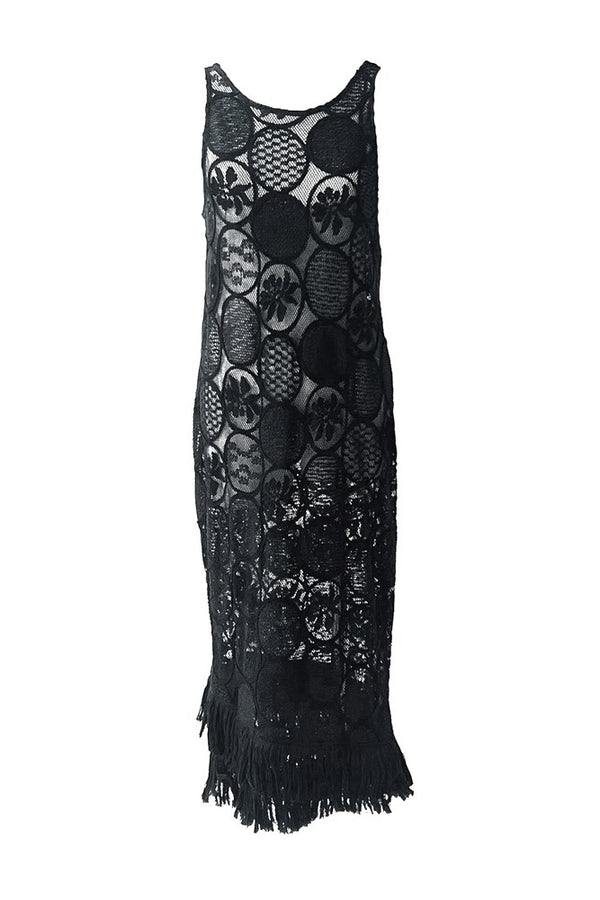 Cotton Blend Fringe Hem Sleeveless Resort Dress Aruba Black