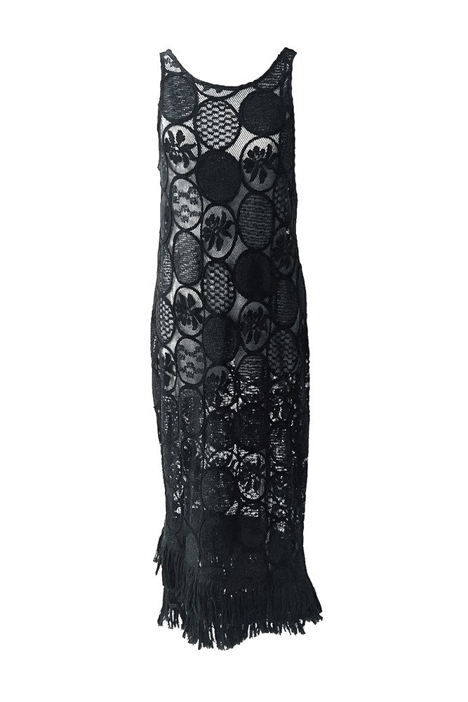 Cotton Blend Fringe Hem Sleeveless Resort Dress Aruba Black