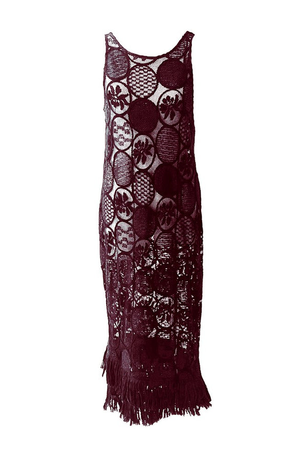 Cotton Blend Fringe Hem Sleeveless Resort Dress Aruba Merlot