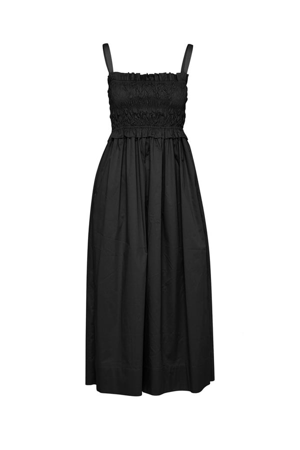 Stretch Cotton Smock Bodice Strappy Midi Dress Mykonos Black