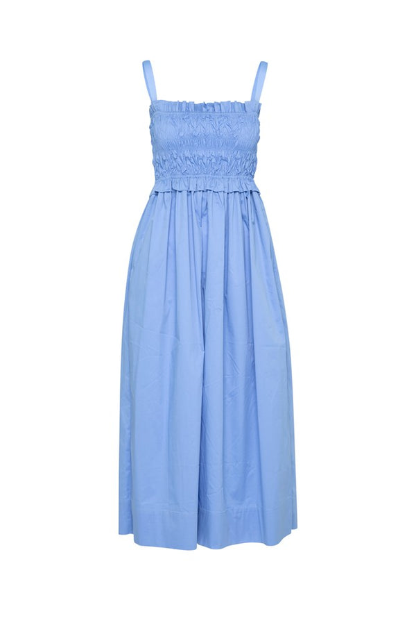 Stretch Cotton Smock Bodice Strappy Midi Dress Mykonos Mineral