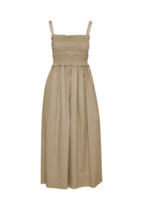 Stretch Cotton Smock Bodice Strappy Midi Dress Mykonos Stone