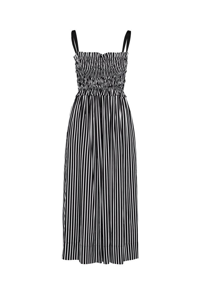 Luxe Cupro Smock Bodice Stripe Strappy Midi Dress Mykonos Blk/Wht
