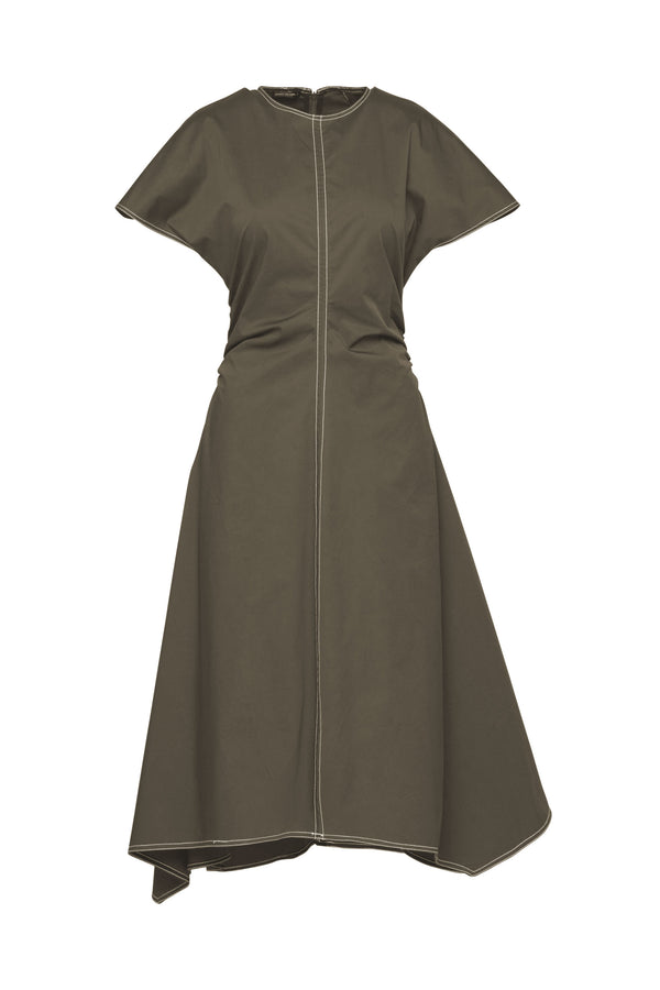 Cotton Stretch Cap Sleeve Gathered Waist Dress Chios Moss/Wht