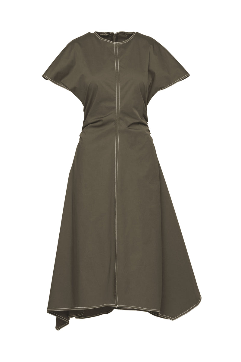Cotton Stretch Cap Sleeve Gathered Waist Dress Chios Moss/Wht