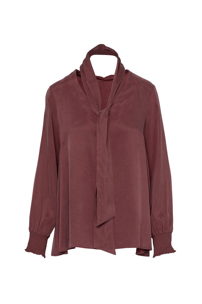 Luxe Cupro Stretch V.Neck Tie Collar Tunic Negano Merlot