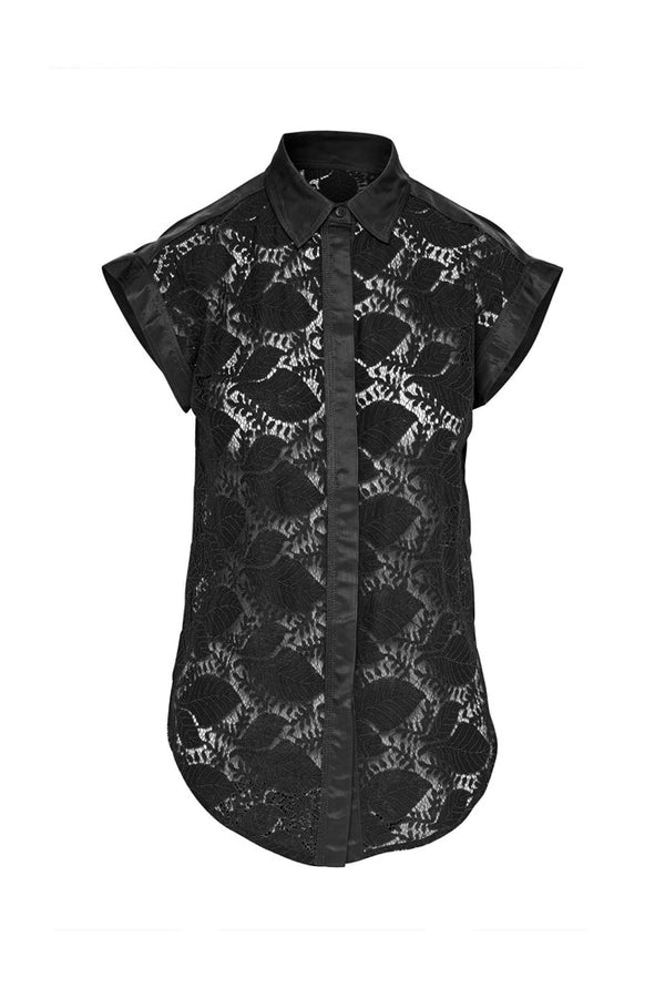 Luxe Lace Curved Hem Cap Sleeve Shirt Levanzo Black