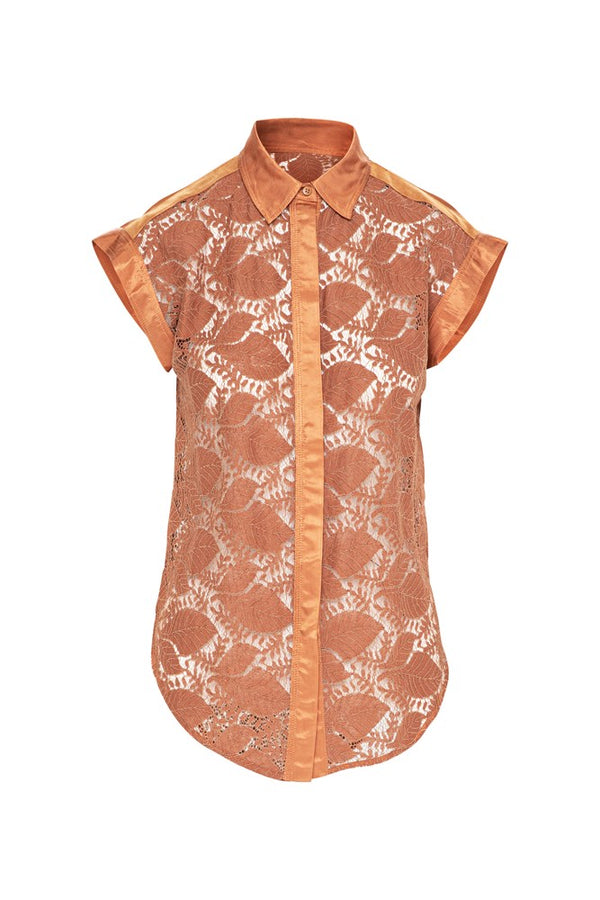Luxe Lace Curved Hem Cap Sleeve Shirt Levanzo Rust