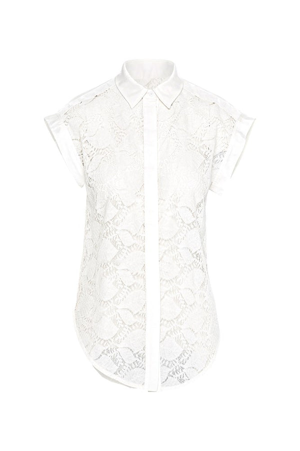 Luxe Lace Curved Hem Cap Sleeve Shirt Levanzo White