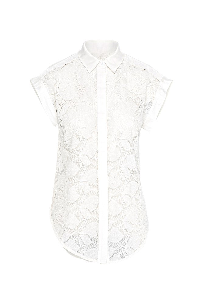 Luxe Lace Curved Hem Cap Sleeve Shirt Levanzo White
