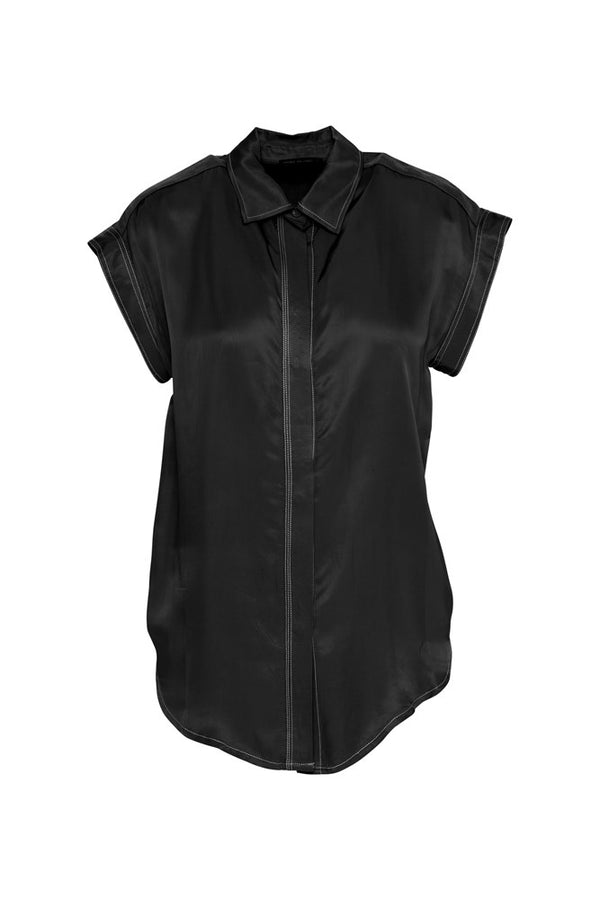 Twill Viscose Curved Hem Cap Sleeve Shirt Levanzo Black