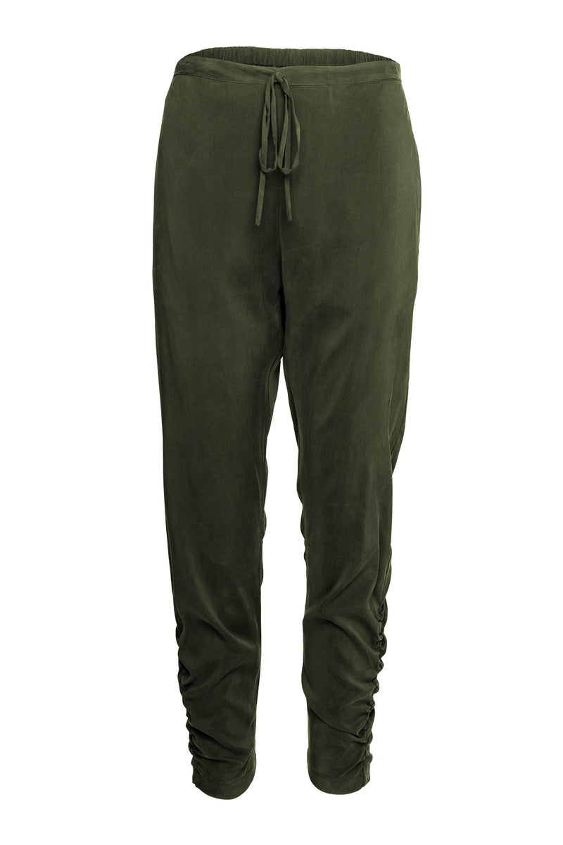 Luxe Stretch Cupro Slim Leg Gathered Ankle Pant Crozet Olive