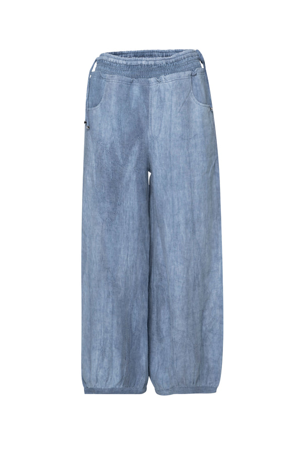 Linen Smock Drawstring Waist Harem Pant Remi Blu