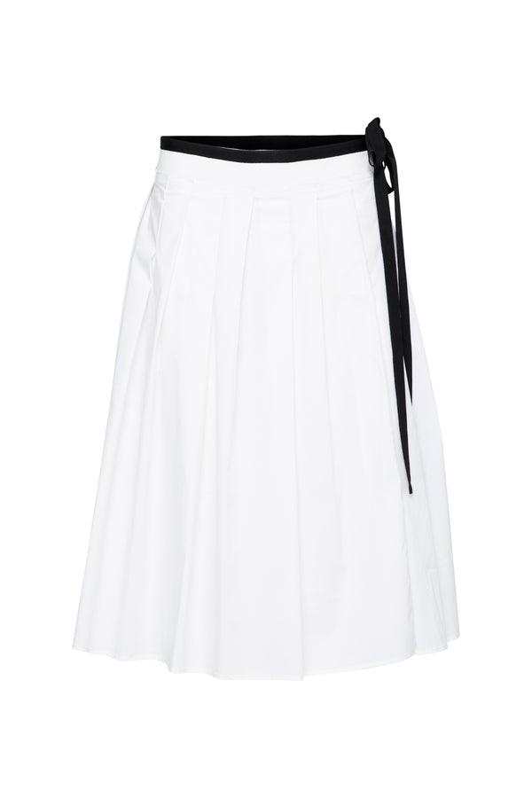 Cotton Stretch Box Pleated Midi Skirt Salina White