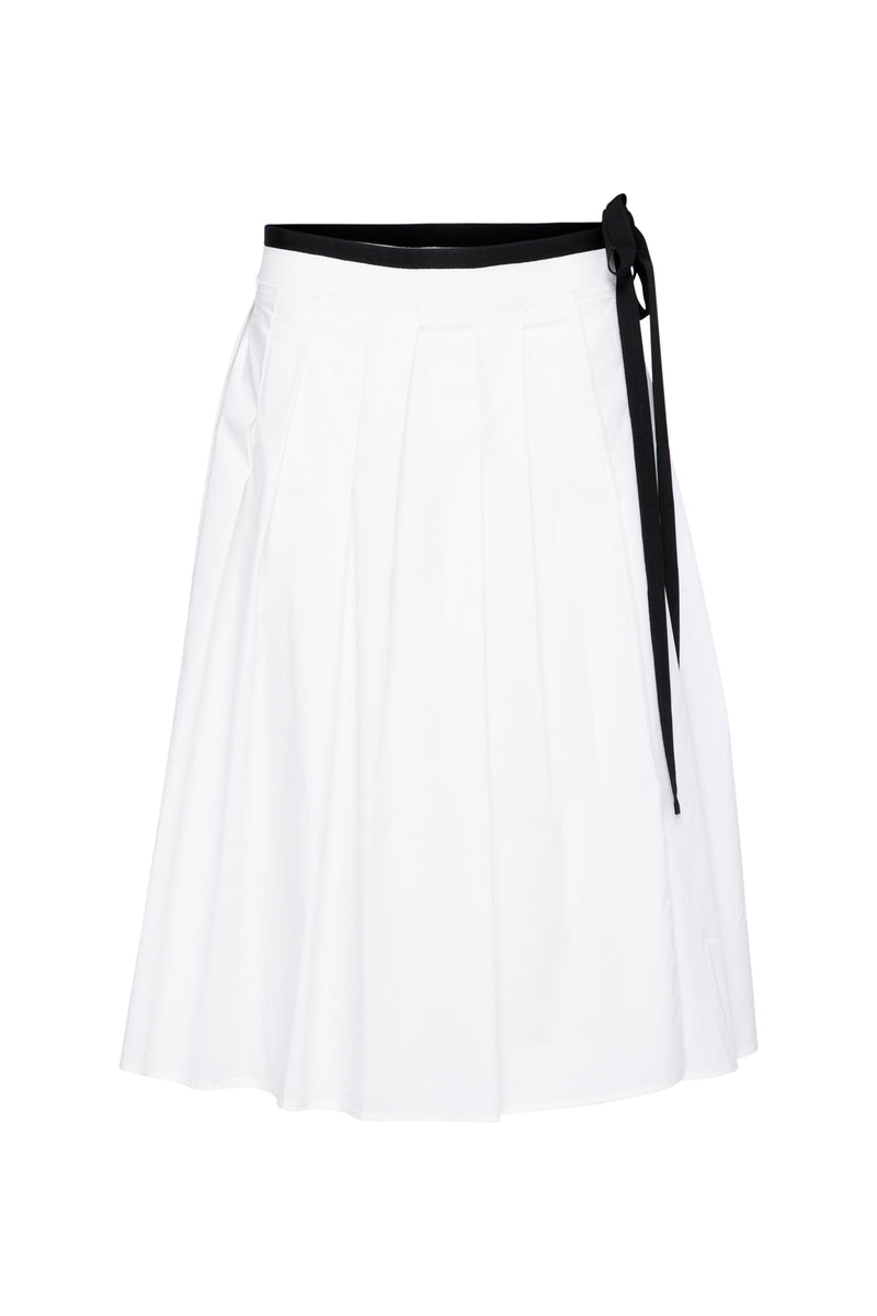 Cotton Stretch Box Pleated Midi Skirt Salina White