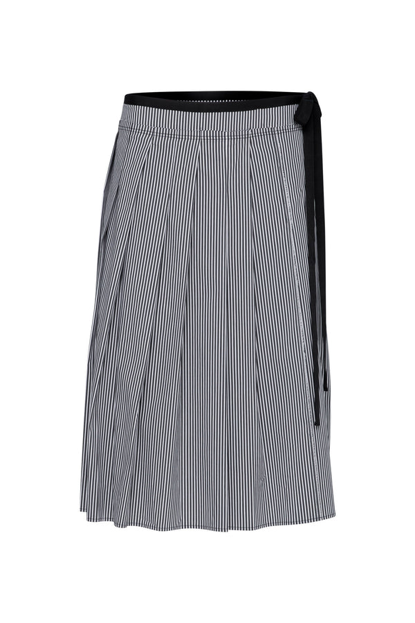 Cotton Stretch Box Pleated Midi Skirt Salina Charcoal Stripe