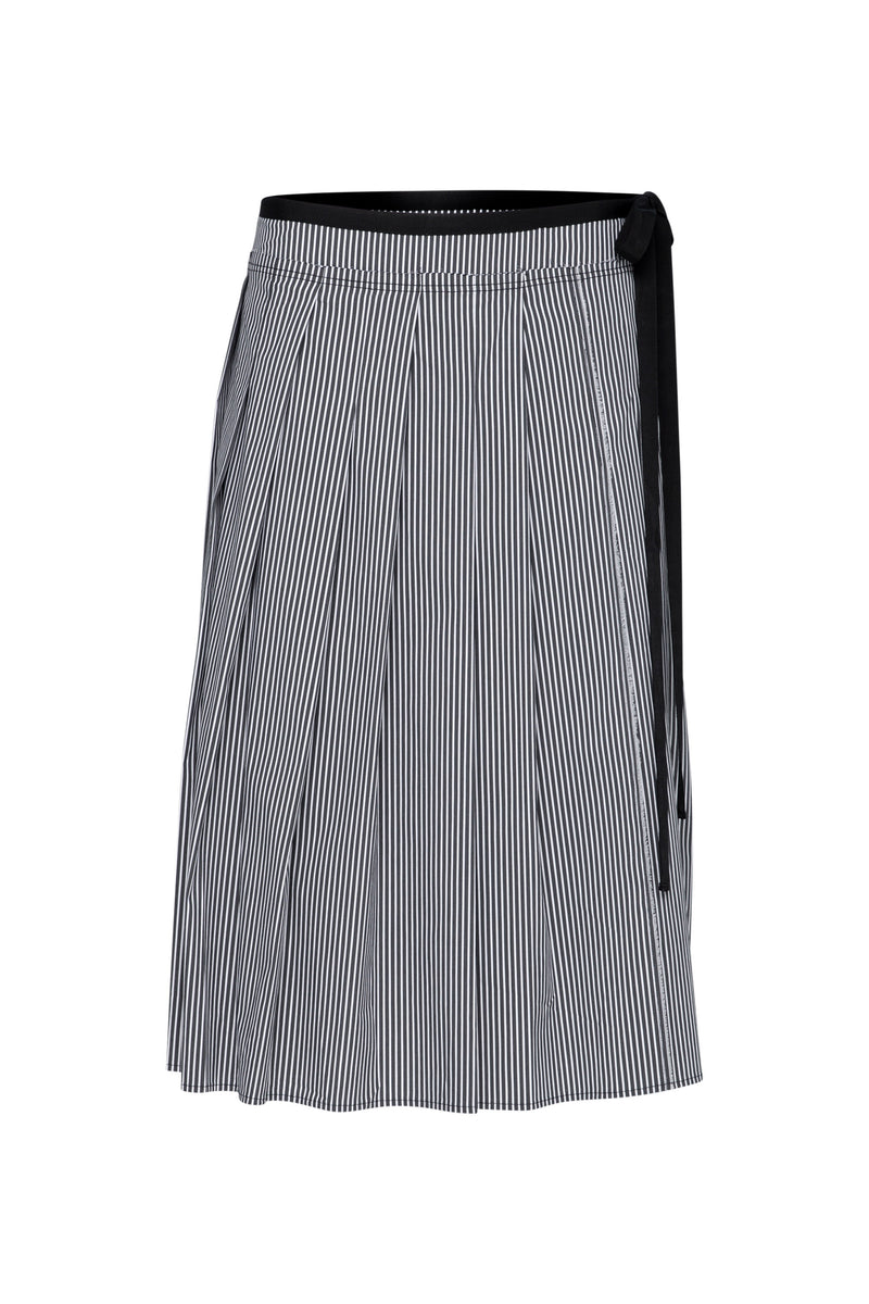Cotton Stretch Box Pleated Midi Skirt Salina Charcoal Stripe