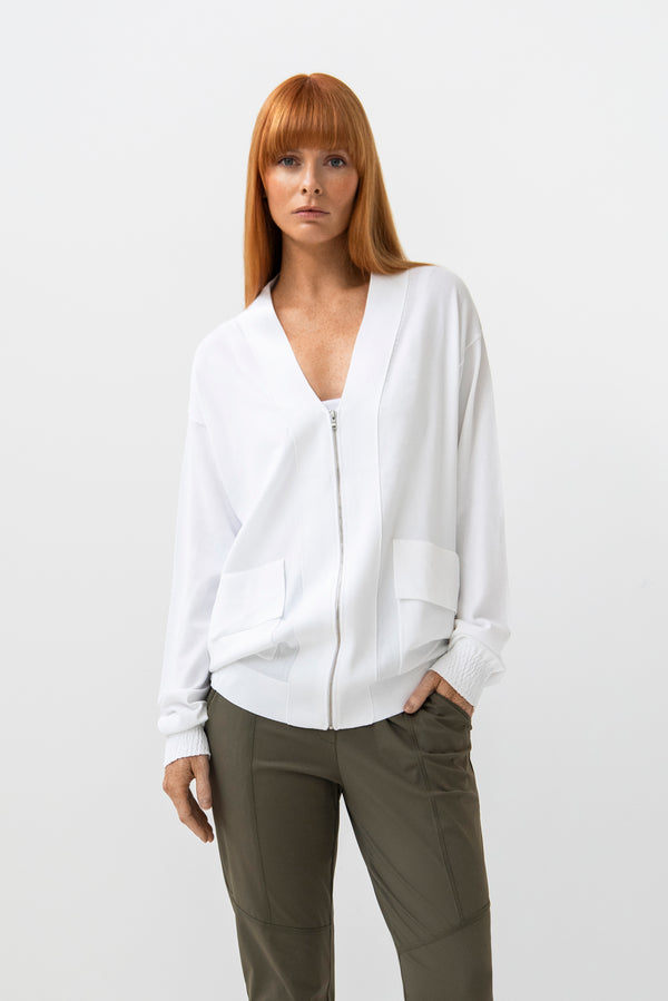 Light Crepe Knit Zip Front Pocket Detail Cardigan Reine White