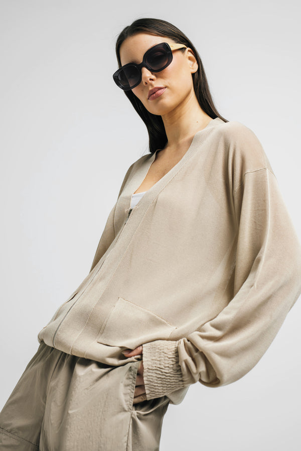 Light Crepe Knit Zip Front Pocket Detail Cardigan Reine Sand